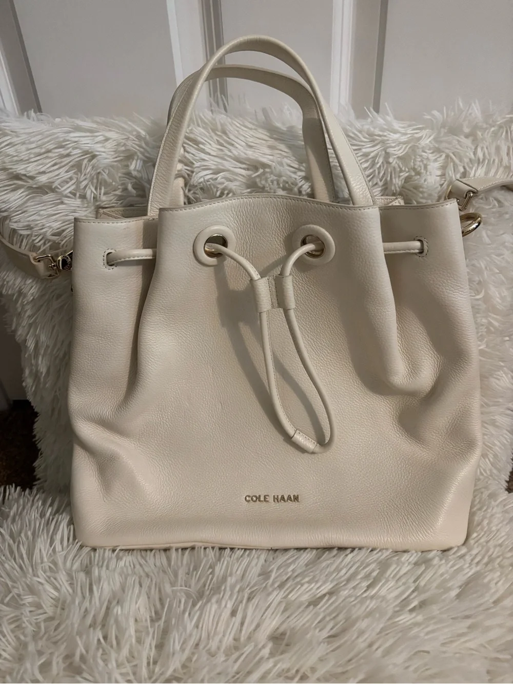 Cole Haan Ivory Pebble Leather Drawstring Tote